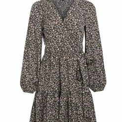 Among The Brave Full Of Life Black Ditsy Floral LS Balloon Sleeve Wrap Tiered Mini Dress Fashion