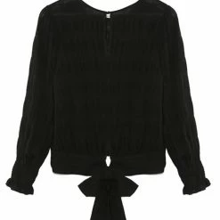 Ivy + Jack Grace Black Shirred Cotton LS Back Hem Tie Top Fashion