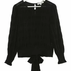 Ivy + Jack Grace Black Shirred Cotton LS Back Hem Tie Top Fashion