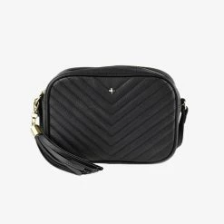 Peta + Jain Accessories Gracie Black Chevron Quilt Vegan Leather Gold Hardware Crossbody Bag