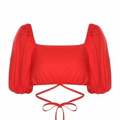Ivy + Jack Fashion Harlow Blood Orange Poplin Puff SS Square Neck Tie Waist Crop Top
