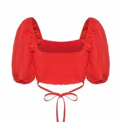 Ivy + Jack Fashion Harlow Blood Orange Poplin Puff SS Square Neck Tie Waist Crop Top