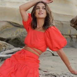 Ivy + Jack Fashion Harlow Blood Orange Poplin Puff SS Square Neck Tie Waist Crop Top