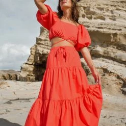 Ivy + Jack Fashion Divine Blood Orange Poplin Tiered Elastic Waist Midi Skirt