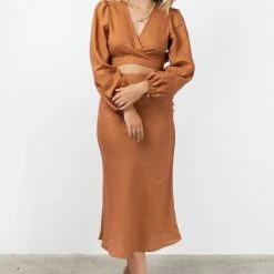 Among The Brave Fashion Utopia Spice Bias Linen Midi Skirt With Self Buttons