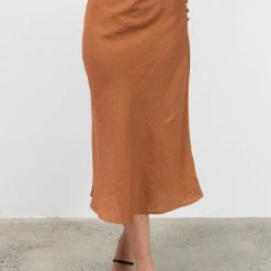 Among The Brave Fashion Utopia Spice Bias Linen Midi Skirt With Self Buttons