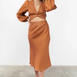 Among The Brave Fashion Utopia Spice Bias Linen Midi Skirt With Self Buttons