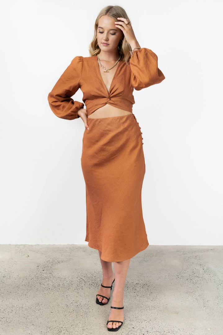 Among The Brave Fashion Utopia Spice Bias Linen Midi Skirt With Self Buttons