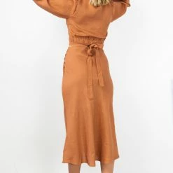 Among The Brave Fashion Utopia Spice Bias Linen Midi Skirt With Self Buttons