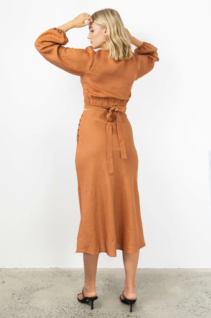 Among The Brave Fashion Utopia Spice Bias Linen Midi Skirt With Self Buttons