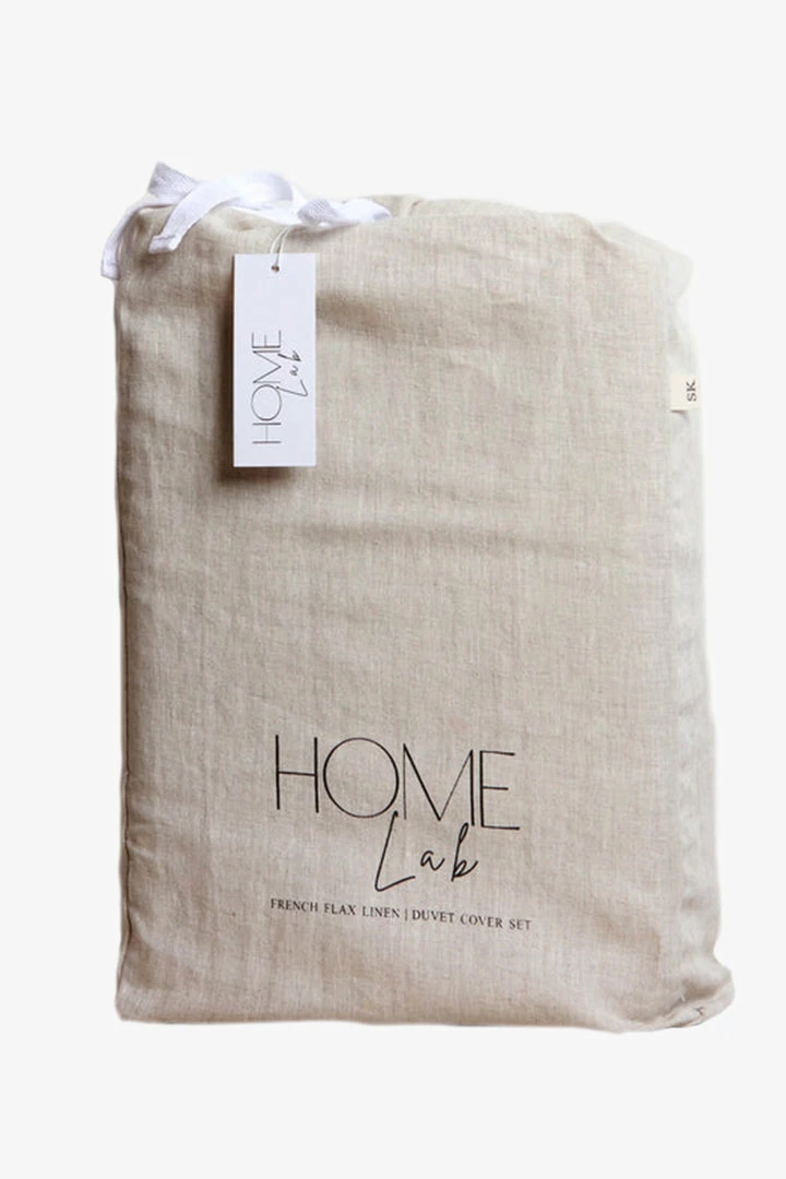 Home Lab 100% French Linen Duvet Cover Set Super King Natural Oatmeal Cushion, Throws & Linen