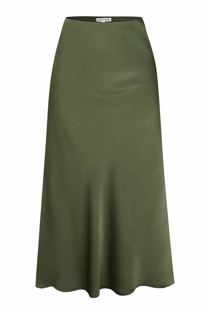 Ivy + Jack Fashion Ivy Khaki Washer Satin Midi Bias Skirt