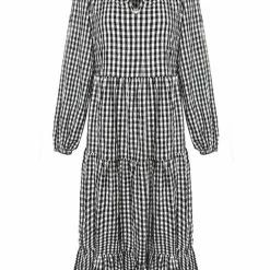 Ivy + Jack Fashion Kendall Black Check Blouson LS V Neck Tiered Midi Dress