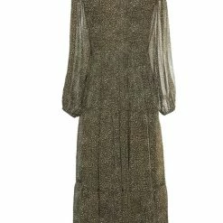 Ivy + Jack Fashion Kendall Khaki Ditsy Blouson LS V Neck Tiered Midi Dress