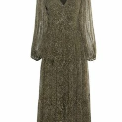 Ivy + Jack Fashion Kendall Khaki Ditsy Blouson LS V Neck Tiered Midi Dress