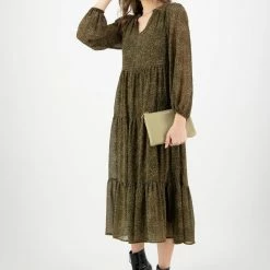 Ivy + Jack Fashion Kendall Khaki Ditsy Blouson LS V Neck Tiered Midi Dress