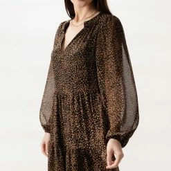 Ivy + Jack Kendall Black Leopard Blouson LS V Neck Tiered Midi Dress Fashion
