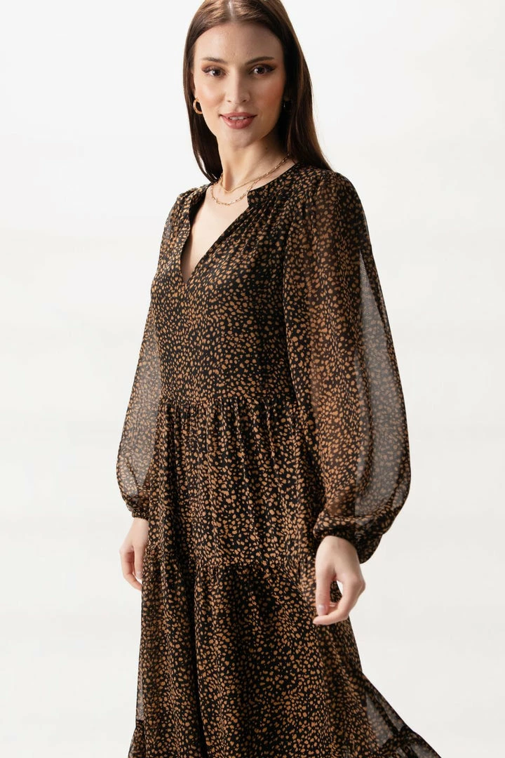 Ivy + Jack Kendall Black Leopard Blouson LS V Neck Tiered Midi Dress Fashion