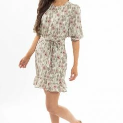 Leila + Luca Brilliance Khaki Smudge Frill Hem Tie Waist LS Mini Dress