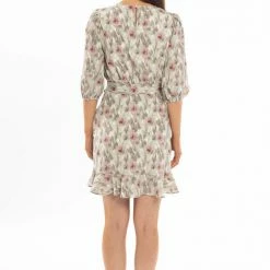 Leila + Luca Brilliance Khaki Smudge Frill Hem Tie Waist LS Mini Dress