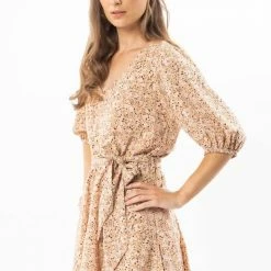 Leila + Luca Fashion Adventurous Nude Floral Puff SS V Neck Mini Dress