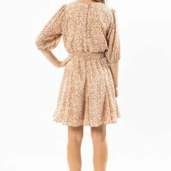 Leila + Luca Fashion Adventurous Nude Floral Puff SS V Neck Mini Dress