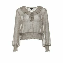 Among The Brave Leo Natural Ditsy Animal LS Shirred Ruffle V Neck Top