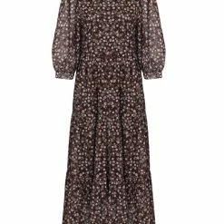 Among The Brave Lucid Chocolate Floral Puff Half Sleeve Tiered Maxi Dress