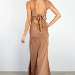 Among The Brave Lucky Charm Spice Satin Sleeveless Tie Back High Neck Midi Dress Fashion