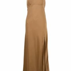 Among The Brave Lucky Charm Spice Satin Sleeveless Tie Back High Neck Midi Dress Fashion