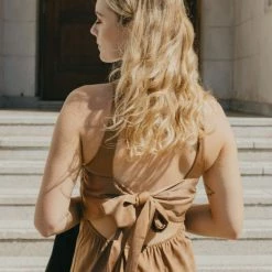 Among The Brave Lucky Charm Spice Satin Sleeveless Tie Back High Neck Midi Dress Fashion