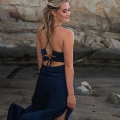 Among The Brave Madeline Navy Satin Strappy Double Tie Back Bias Slip Midi Dress