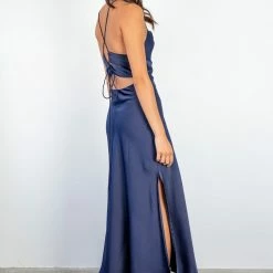 Among The Brave Madeline Navy Satin Strappy Double Tie Back Bias Slip Midi Dress
