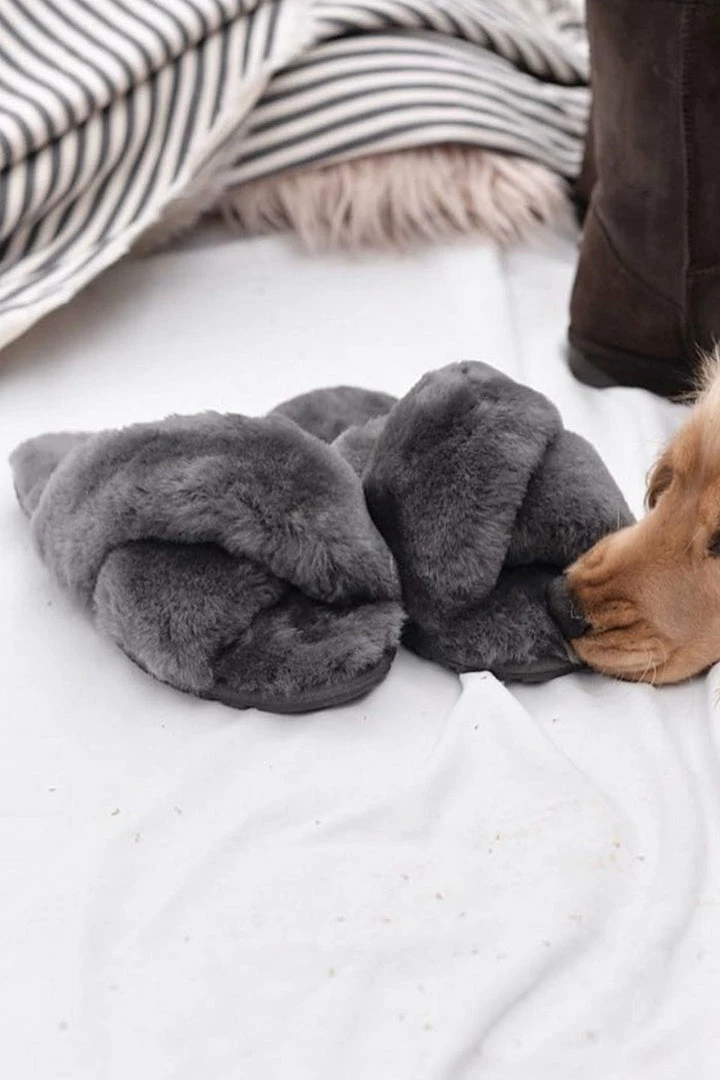 Emu Mayberry Charcoal Wool Crossover Slippers