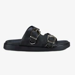 Solsana Mika Black Footbed Buckle Slides Accessories