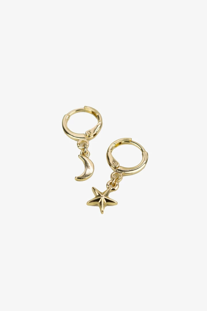 Flo Gives Back 15% To Women In Need Moon And Star Gold Huggie Earrings Accessories