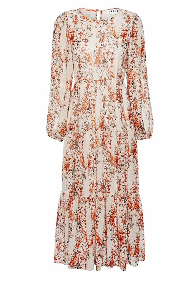 Ivy + Jack Naomi Sand Floral Blouson LS Tiered Maxi Dress Fashion
