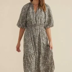 Mink Pink Neveah Sage Multi Floral V Neck Tie Bubble Mid Sleeve Tiered Midi Dress Fashion