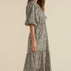 Mink Pink Neveah Sage Multi Floral V Neck Tie Bubble Mid Sleeve Tiered Midi Dress Fashion