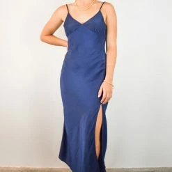 Among The Brave Otherworldly Navy Washer Satin Panel Bodice Bias Midi Dress Fashion