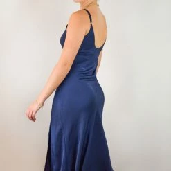 Among The Brave Otherworldly Navy Washer Satin Panel Bodice Bias Midi Dress Fashion