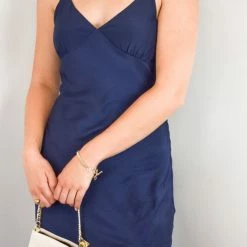 Among The Brave Otherworldly Navy Washer Satin Panel Bodice Bias Midi Dress Fashion