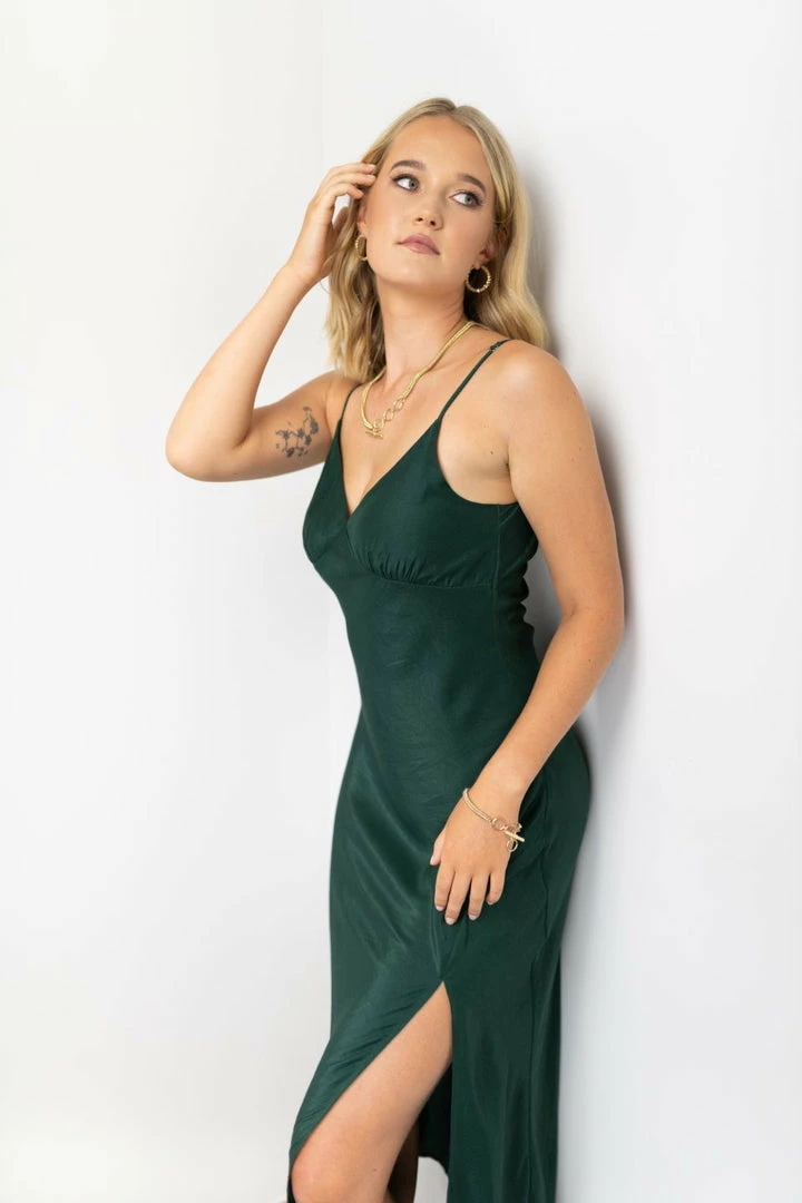 Among The Brave Otherworldly Forest Washer Satin Panel Bodice Bias Midi Dress Fashion