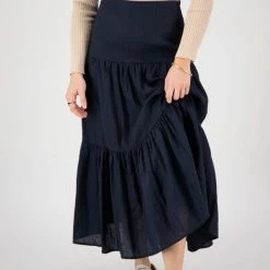 Among The Brave Blazing Navy Tiered Linen Midi Skirt Fashion