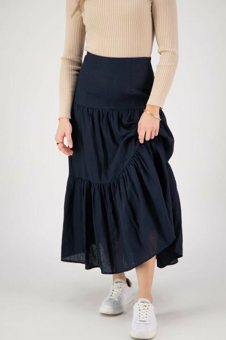Among The Brave Blazing Navy Tiered Linen Midi Skirt Fashion