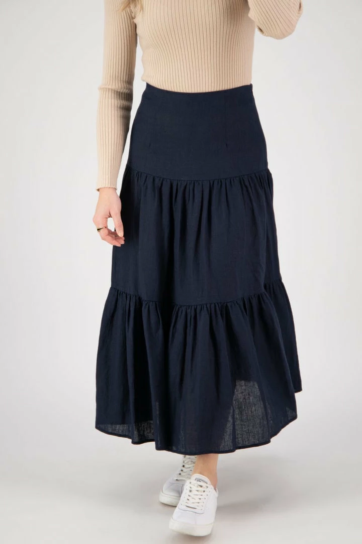 Among The Brave Blazing Navy Tiered Linen Midi Skirt Fashion