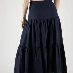 Among The Brave Blazing Navy Tiered Linen Midi Skirt Fashion