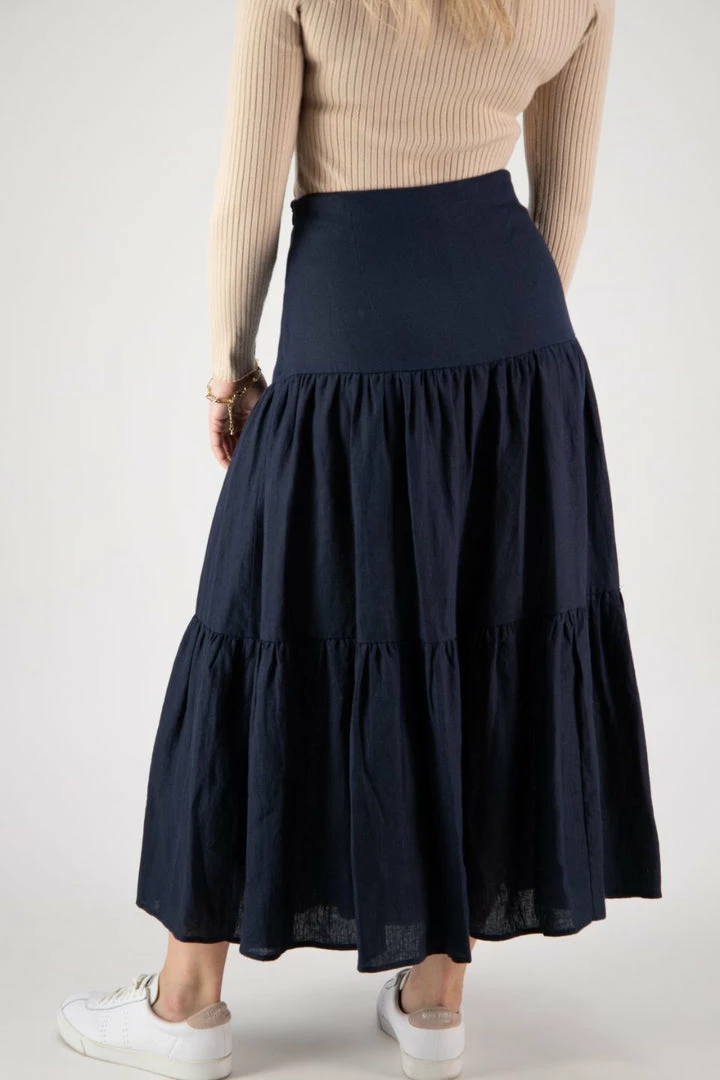 Among The Brave Blazing Navy Tiered Linen Midi Skirt Fashion