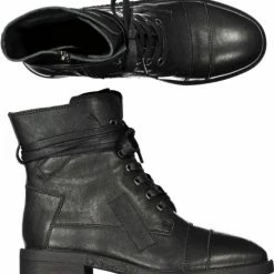 Minx Patch Me Black Leather Lace Up Combat Boots