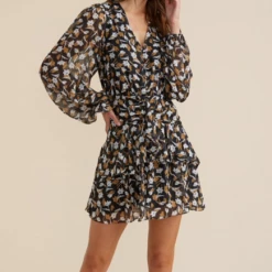 Mink Pink Elena Black Multi Print V Neck Balloon Sleeve Mini Dress